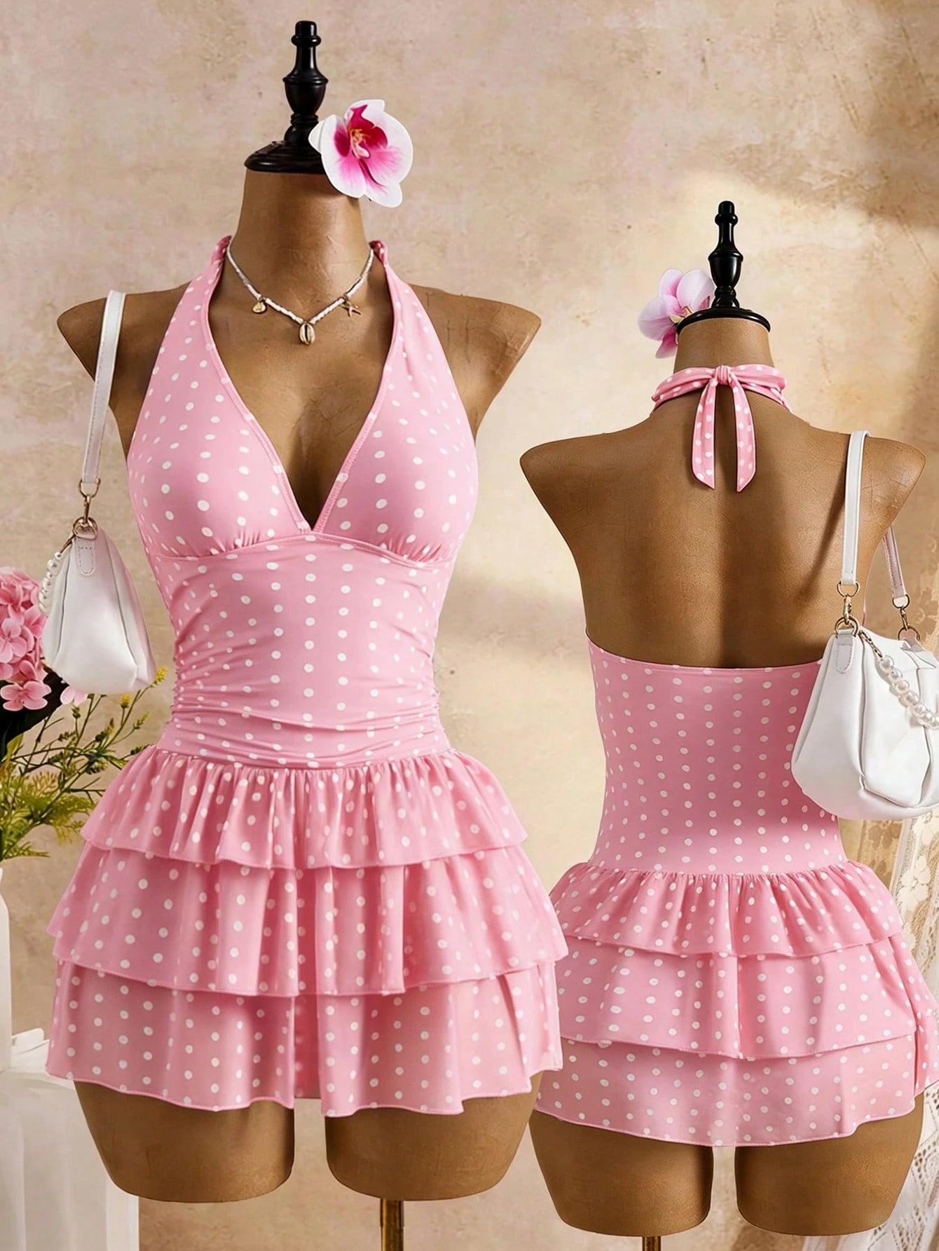 Bellisia Pink And White Polka Dot,Summer,Cute,Holiday,Pool Party,Holiday Women Deep V-Neck Backless Halter Tie 3-Tier Ruffle Hem Chiffon Swimsuit Skirt Beach