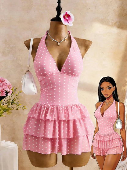 Bellisia Pink And White Polka Dot,Summer,Cute,Holiday,Pool Party,Holiday Women Deep V-Neck Backless Halter Tie 3-Tier Ruffle Hem Chiffon Swimsuit Skirt Beach