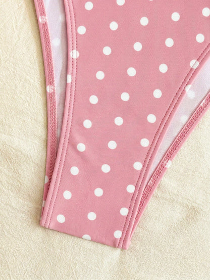 Bellisia Pink And White Polka Dot,Summer,Cute,Holiday,Pool Party,Holiday Women Deep V-Neck Backless Halter Tie 3-Tier Ruffle Hem Chiffon Swimsuit Skirt Beach