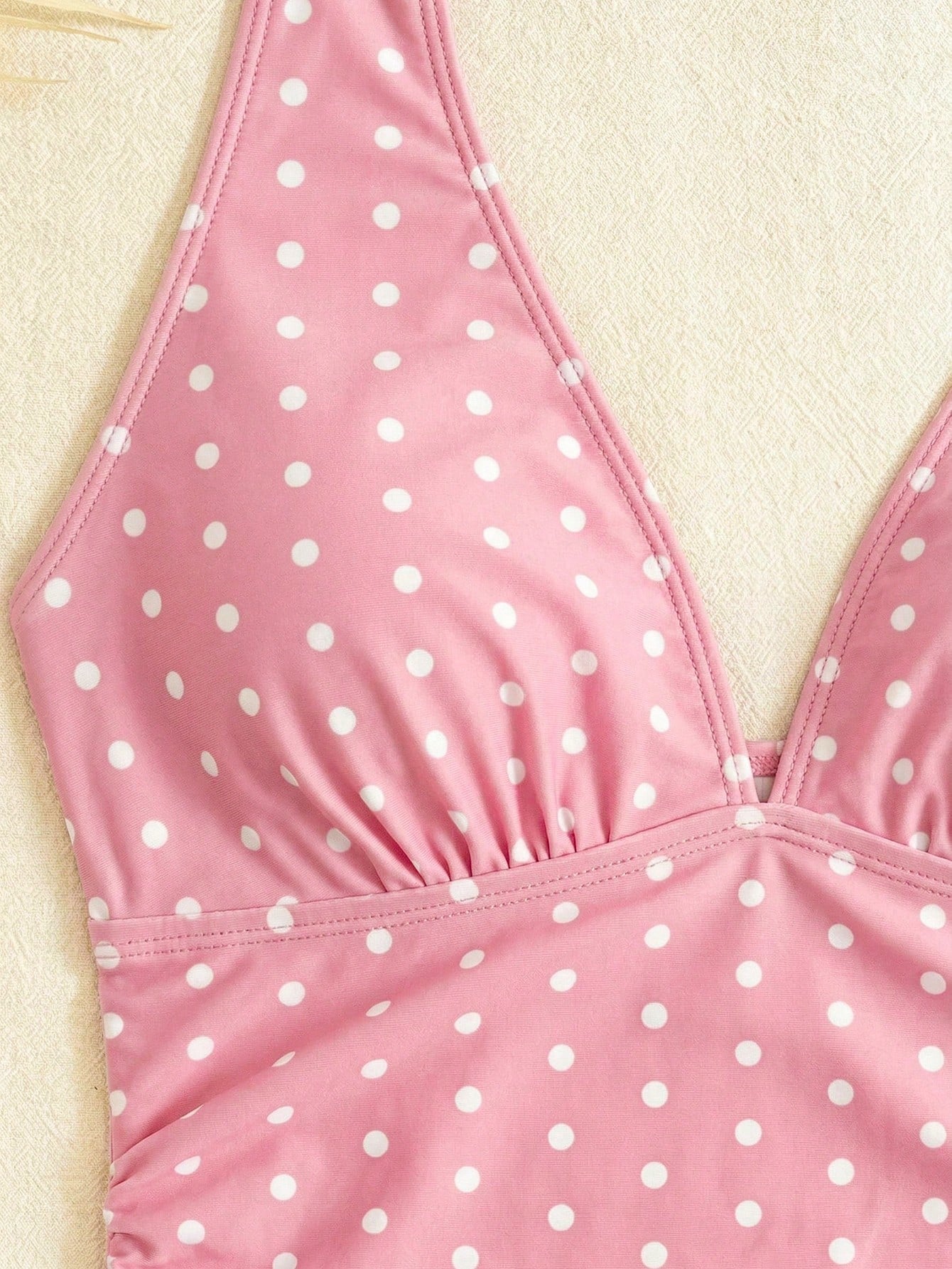 Bellisia Pink And White Polka Dot,Summer,Cute,Holiday,Pool Party,Holiday Women Deep V-Neck Backless Halter Tie 3-Tier Ruffle Hem Chiffon Swimsuit Skirt Beach