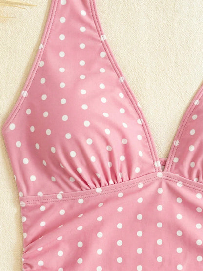 Bellisia Pink And White Polka Dot,Summer,Cute,Holiday,Pool Party,Holiday Women Deep V-Neck Backless Halter Tie 3-Tier Ruffle Hem Chiffon Swimsuit Skirt Beach
