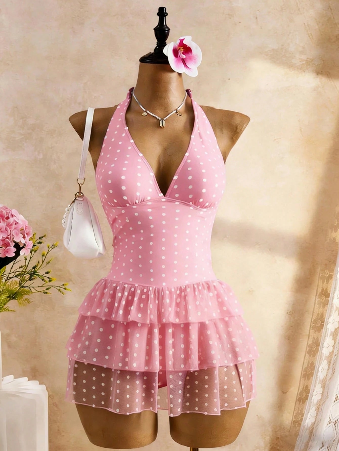Bellisia Pink And White Polka Dot,Summer,Cute,Holiday,Pool Party,Holiday Women Deep V-Neck Backless Halter Tie 3-Tier Ruffle Hem Chiffon Swimsuit Skirt Beach