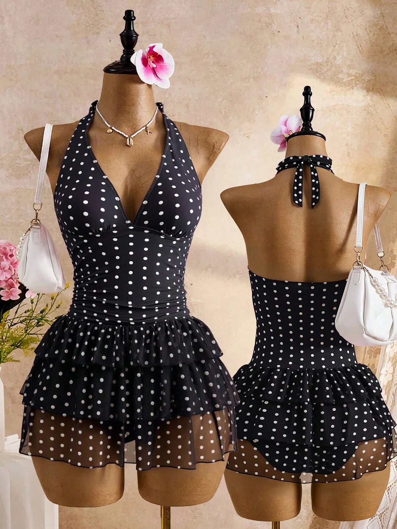 Bellisia Pink And White Polka Dot,Summer,Cute,Holiday,Pool Party,Holiday Women Deep V-Neck Backless Halter Tie 3-Tier Ruffle Hem Chiffon Swimsuit Skirt Beach