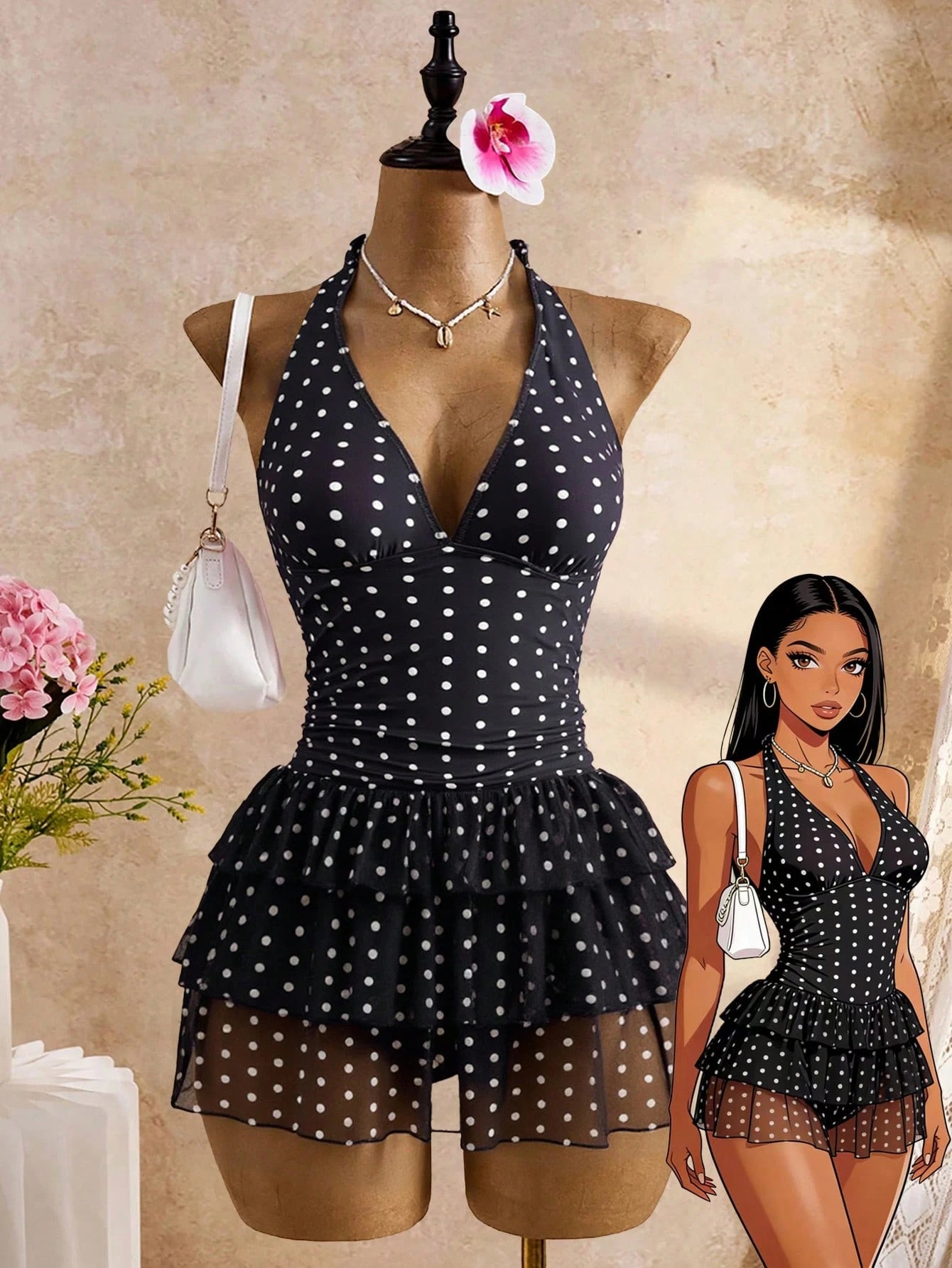 Bellisia Pink And White Polka Dot,Summer,Cute,Holiday,Pool Party,Holiday Women Deep V-Neck Backless Halter Tie 3-Tier Ruffle Hem Chiffon Swimsuit Skirt Beach