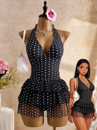 Bellisia Pink And White Polka Dot,Summer,Cute,Holiday,Pool Party,Holiday Women Deep V-Neck Backless Halter Tie 3-Tier Ruffle Hem Chiffon Swimsuit Skirt Beach
