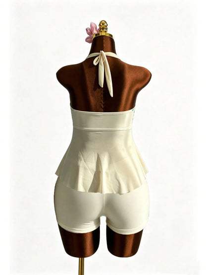 Bellisia Plus Size Women Metal Decor Halter Tankini Top And Shorts Swimwear Set, Suitable For Summer Vacation And Beach