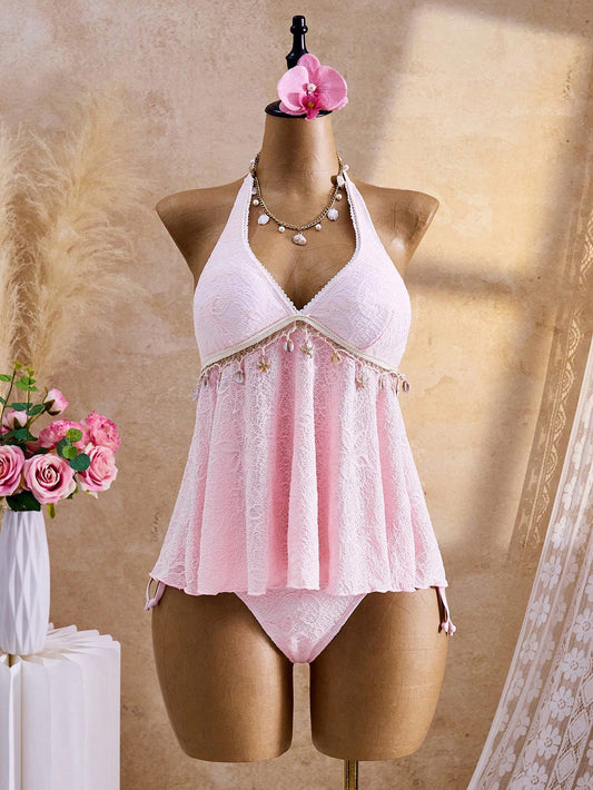 Bellisia Summer Women's Swimwear Pink Tropical Beach Party Holiday Vacation Camisole Strap Bikini,Boho Y2K Textured Fabric Elegant Vintage Retro Cute Sweet