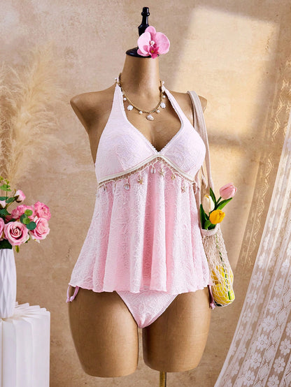 Bellisia Summer Women's Swimwear Pink Tropical Beach Party Holiday Vacation Camisole Strap Bikini,Boho Y2K Textured Fabric Elegant Vintage Retro Cute Sweet