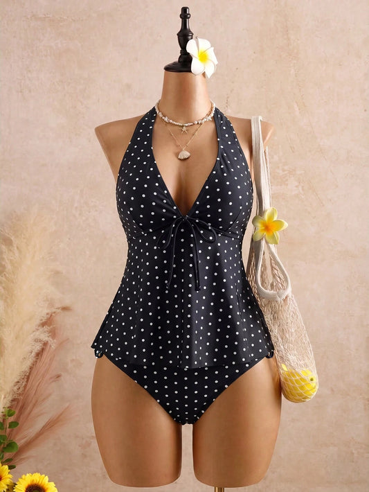 Bellisia Women's 2-Piece Tropical Cute Polka Dot Print Spaghetti Strap Tie Pants Side Tie Bestselling Beach Holiday Casual Elegant Valentine's Day Party Camisole Strap Bikini Set Set