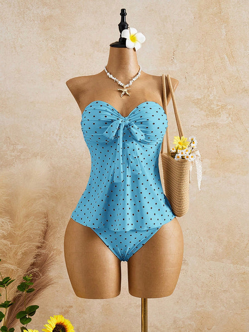 Bellisia Women's Blue Polka Dot Ruched Bandeau Tankini Top And Triangle Bottoms Swimwear Set, Suitable For Holiday And Beach Party Summer Cute 2000s 70s