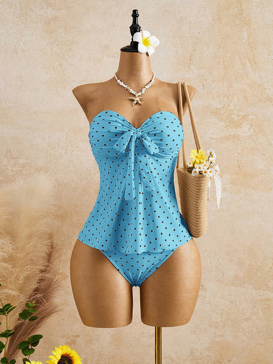 Bellisia Women's Blue Polka Dot Ruched Bandeau Tankini Top And Triangle Bottoms Swimwear Set, Suitable For Holiday And Beach Party Summer Cute 2000s 70s