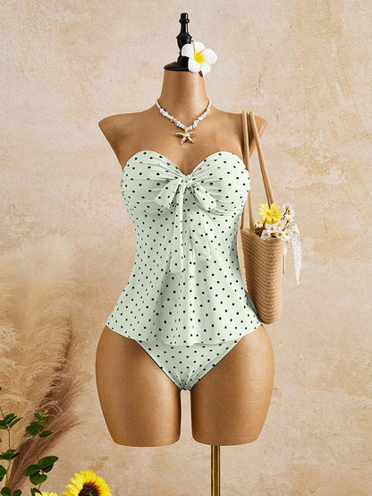 Bellisia Women's Blue Polka Dot Ruched Bandeau Tankini Top And Triangle Bottoms Swimwear Set, Suitable For Holiday And Beach Party Summer Cute 2000s 70s