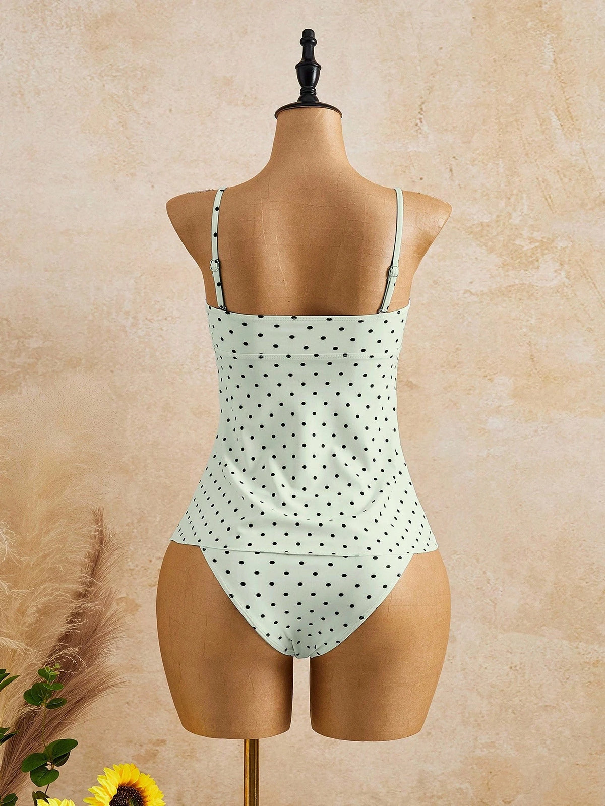 Bellisia Women's Blue Polka Dot Ruched Bandeau Tankini Top And Triangle Bottoms Swimwear Set, Suitable For Holiday And Beach Party Summer Cute 2000s 70s