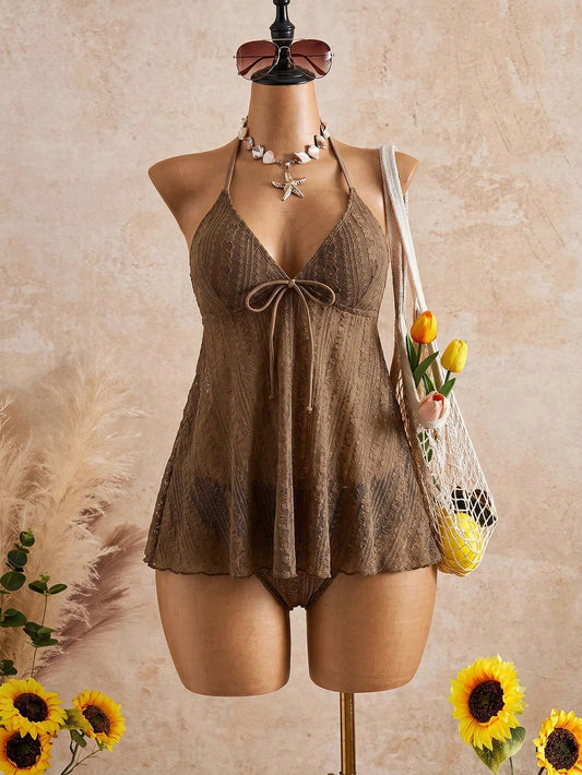 Bellisia Women's Solid Color Minimalist Boho Daily Wear Halter Tie Swimsuit Skirt Beach Chocolate Brown Summer
