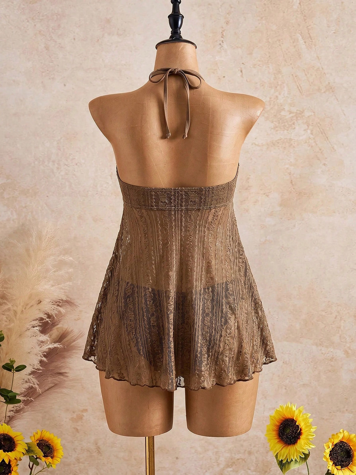 Bellisia Women's Solid Color Minimalist Boho Daily Wear Halter Tie Swimsuit Skirt Beach Chocolate Brown Summer