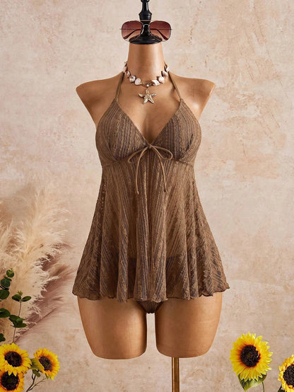 Bellisia Women's Solid Color Minimalist Boho Daily Wear Halter Tie Swimsuit Skirt Beach Chocolate Brown Summer