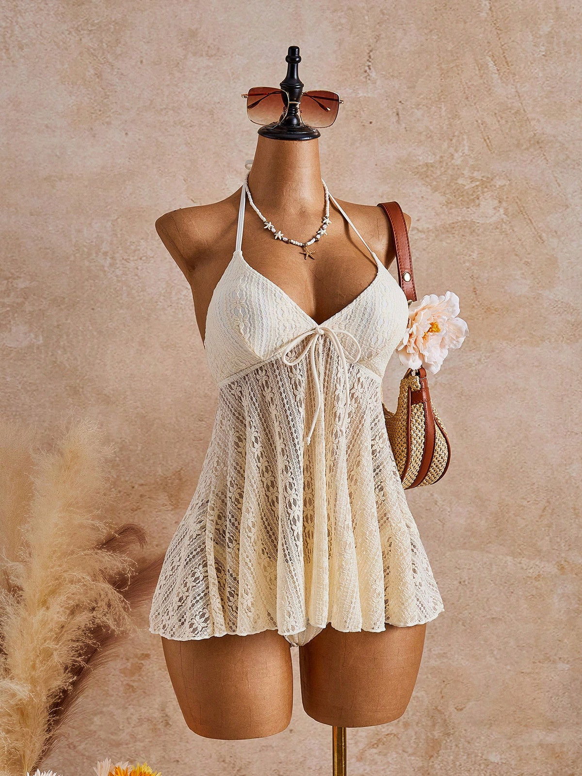Bellisia Women's Solid Color Minimalist Boho Daily Wear Halter Tie Swimsuit Skirt Beach Chocolate Brown Summer