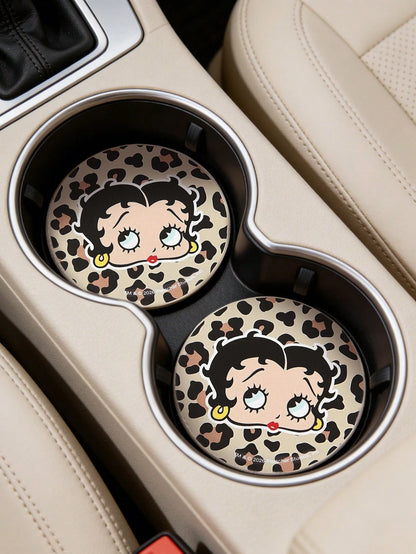 Betty Boop x 2pc PU Leather Car Cup Holder Mat Set, Shockproof, Universal, Stylish Car Cup Holder Mat, Can Be Placed In Car Cup Holders, Car And Home Office Cup Mats,Playful,Sultry,Leopard