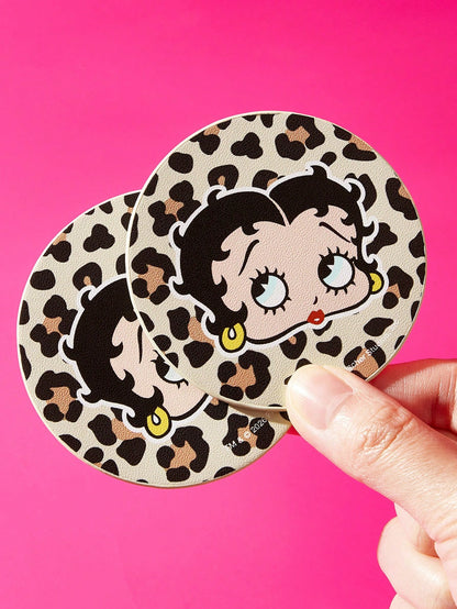 Betty Boop x 2pc PU Leather Car Cup Holder Mat Set, Shockproof, Universal, Stylish Car Cup Holder Mat, Can Be Placed In Car Cup Holders, Car And Home Office Cup Mats,Playful,Sultry,Leopard