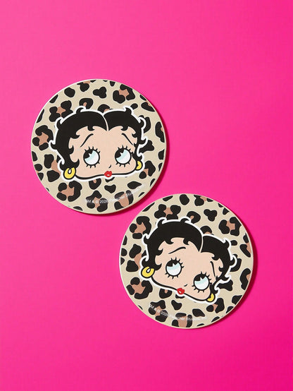 Betty Boop x 2pc PU Leather Car Cup Holder Mat Set, Shockproof, Universal, Stylish Car Cup Holder Mat, Can Be Placed In Car Cup Holders, Car And Home Office Cup Mats,Playful,Sultry,Leopard