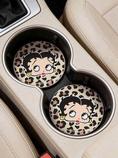 Betty Boop x 2pc PU Leather Car Cup Holder Mat Set, Shockproof, Universal, Stylish Car Cup Holder Mat, Can Be Placed In Car Cup Holders, Car And Home Office Cup Mats,Playful,Sultry,Leopard