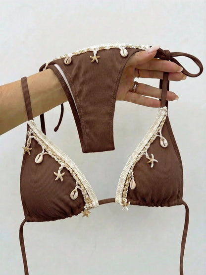 Bikinx Women Solid Color Stitching Ribbon Shell Decoration Triangle Cup Lace-Up Bikini Set For Beach Vocation