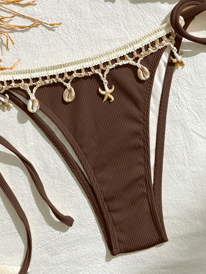 Bikinx Women Solid Color Stitching Ribbon Shell Decoration Triangle Cup Lace-Up Bikini Set For Beach Vocation