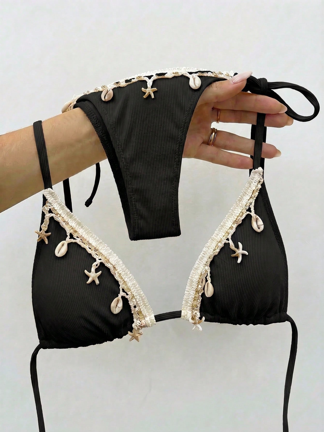 Bikinx Women Solid Color Stitching Ribbon Shell Decoration Triangle Cup Lace-Up Bikini Set For Beach Vocation