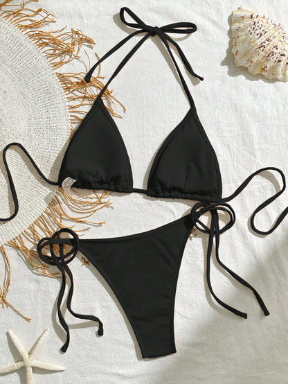 Bikinx Women Solid Color Stitching Ribbon Shell Decoration Triangle Cup Lace-Up Bikini Set For Beach Vocation