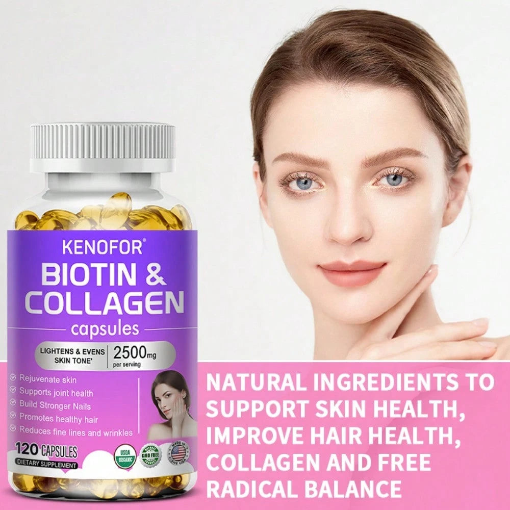 Biotin & Collagen Softgels For Men & Women- Brightens & Evens Skin Tone, Reduces Fine Lines & Wrinkles- 120 Capsules