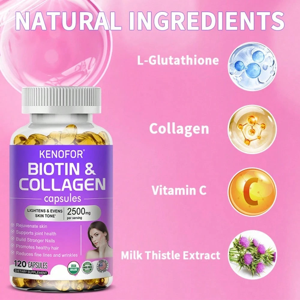 Biotin & Collagen Softgels For Men & Women- Brightens & Evens Skin Tone, Reduces Fine Lines & Wrinkles- 120 Capsules
