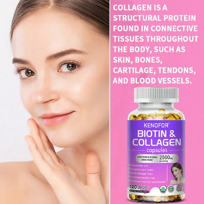 Biotin & Collagen Softgels For Men & Women- Brightens & Evens Skin Tone, Reduces Fine Lines & Wrinkles- 120 Capsules