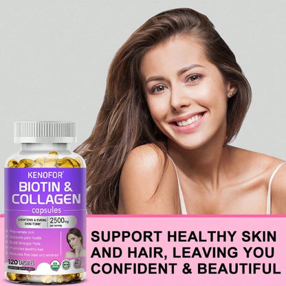 Biotin & Collagen Softgels For Men & Women- Brightens & Evens Skin Tone, Reduces Fine Lines & Wrinkles- 120 Capsules