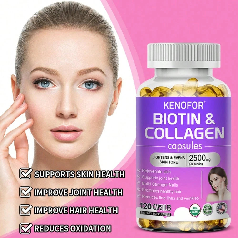 Biotin & Collagen Softgels For Men & Women- Brightens & Evens Skin Tone, Reduces Fine Lines & Wrinkles- 120 Capsules