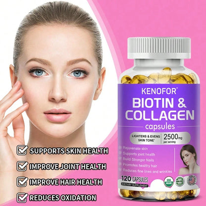 Biotin & Collagen Softgels For Men & Women- Brightens & Evens Skin Tone, Reduces Fine Lines & Wrinkles- 120 Capsules