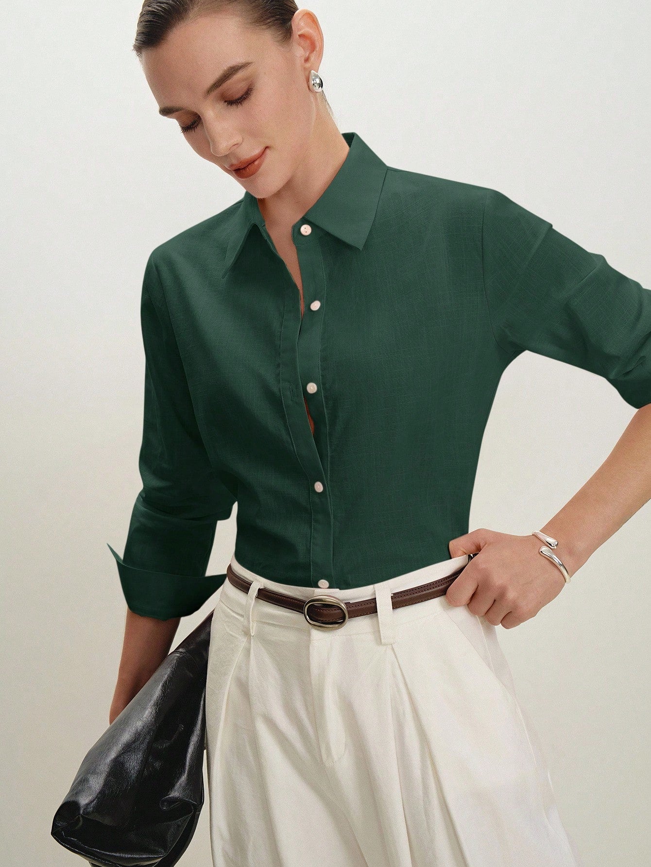 BizChic Green Women's Shirt, Spring, Turn-Down Collar, Front Opening, Single-Breasted Button, Elegant Minimalist Casual Commute Date Daily Vacation Independence Day Graduation Season Music Festival Sl