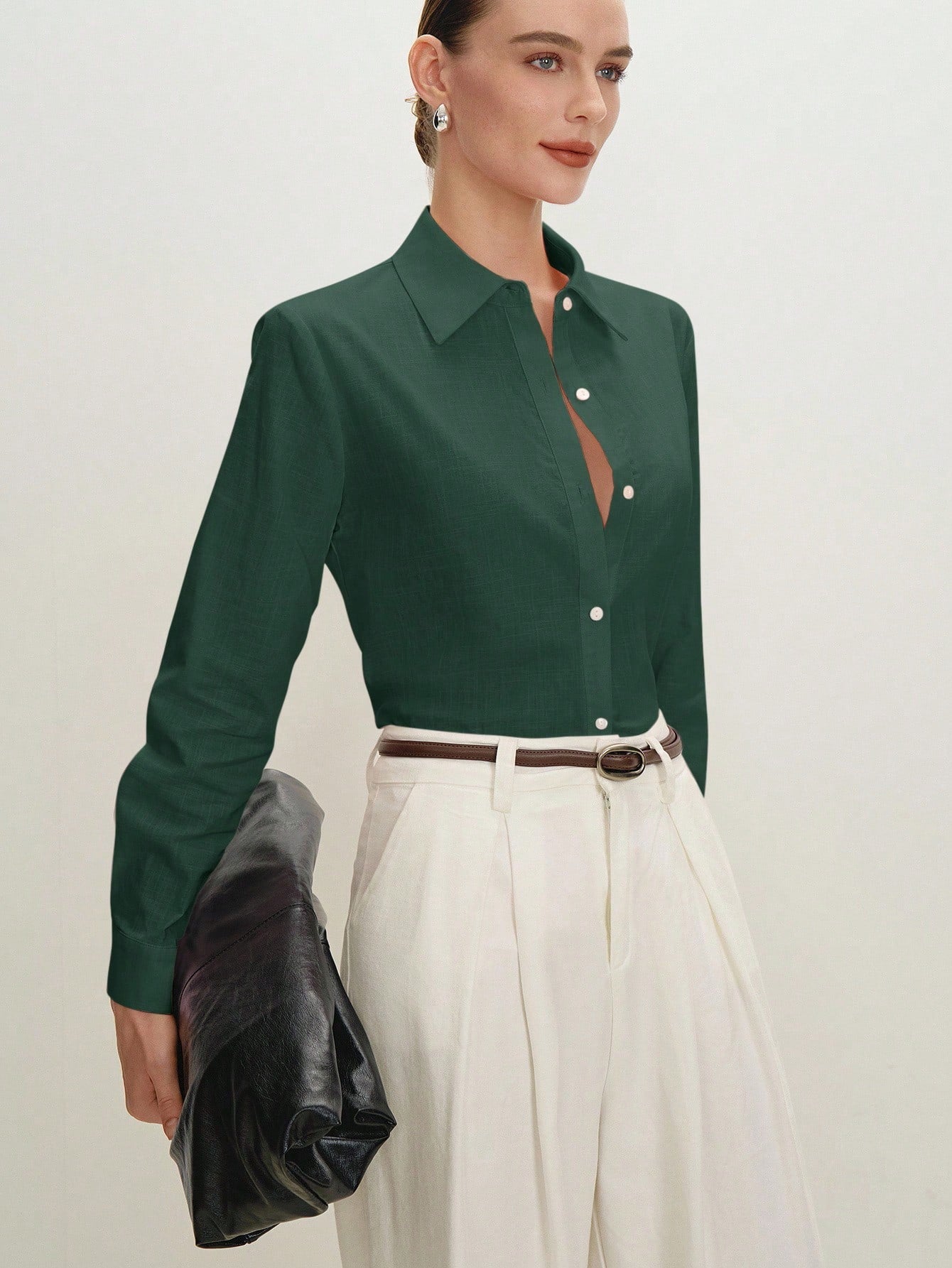 BizChic Green Women's Shirt, Spring, Turn-Down Collar, Front Opening, Single-Breasted Button, Elegant Minimalist Casual Commute Date Daily Vacation Independence Day Graduation Season Music Festival Sl