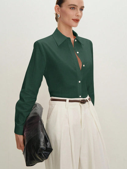 BizChic Green Women's Shirt, Spring, Turn-Down Collar, Front Opening, Single-Breasted Button, Elegant Minimalist Casual Commute Date Daily Vacation Independence Day Graduation Season Music Festival Sl