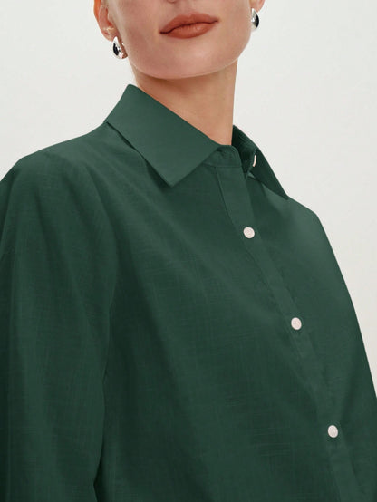 BizChic Green Women's Shirt, Spring, Turn-Down Collar, Front Opening, Single-Breasted Button, Elegant Minimalist Casual Commute Date Daily Vacation Independence Day Graduation Season Music Festival Sl