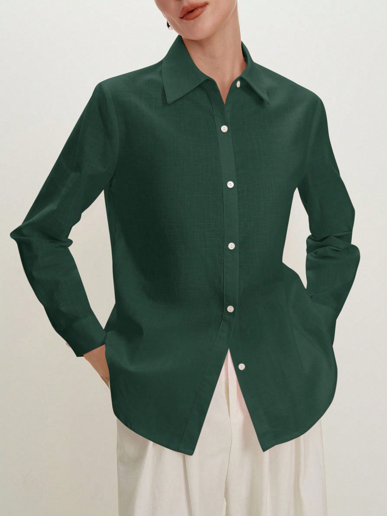 BizChic Green Women's Shirt, Spring, Turn-Down Collar, Front Opening, Single-Breasted Button, Elegant Minimalist Casual Commute Date Daily Vacation Independence Day Graduation Season Music Festival Sl