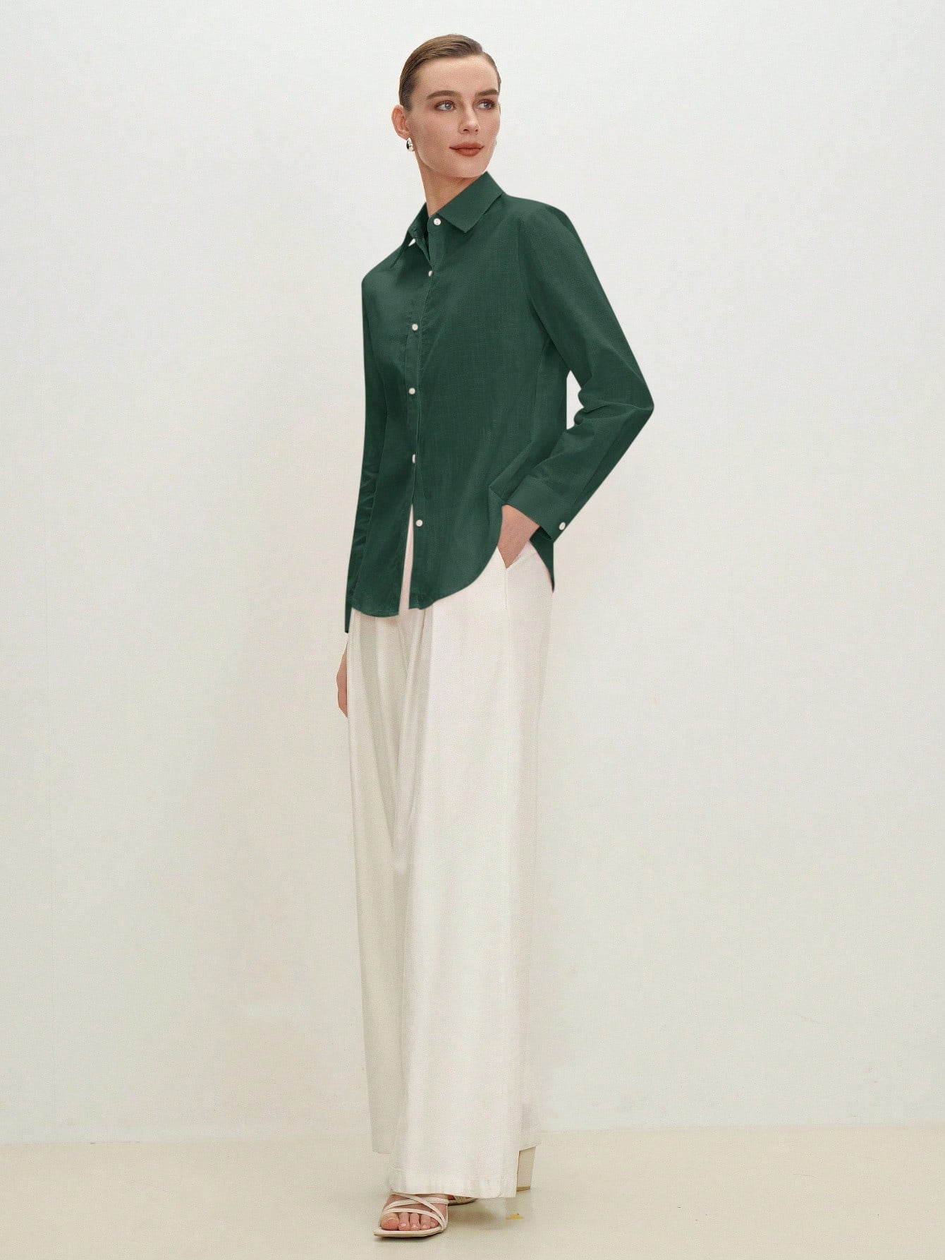 BizChic Green Women's Shirt, Spring, Turn-Down Collar, Front Opening, Single-Breasted Button, Elegant Minimalist Casual Commute Date Daily Vacation Independence Day Graduation Season Music Festival Sl