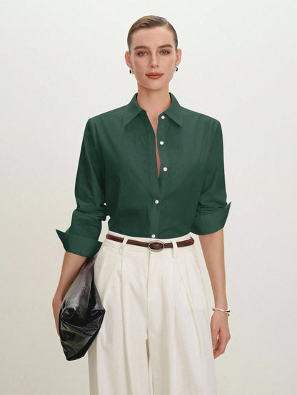 BizChic Green Women's Shirt, Spring, Turn-Down Collar, Front Opening, Single-Breasted Button, Elegant Minimalist Casual Commute Date Daily Vacation Independence Day Graduation Season Music Festival Sl