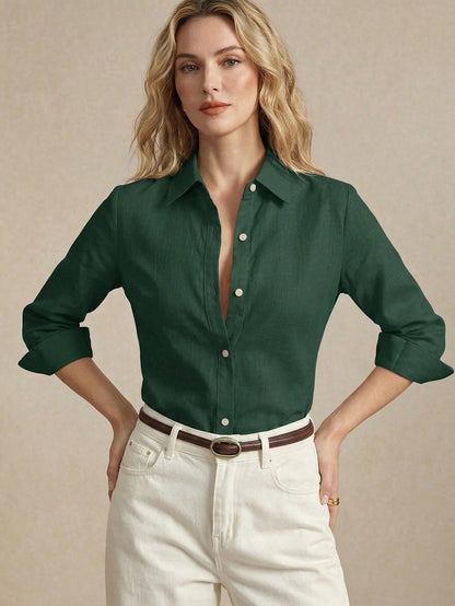 BizChic Green Women's Shirt, Spring, Turn-Down Collar, Front Opening, Single-Breasted Button, Elegant Minimalist Casual Commute Date Daily Vacation Independence Day Graduation Season Music Festival Sl