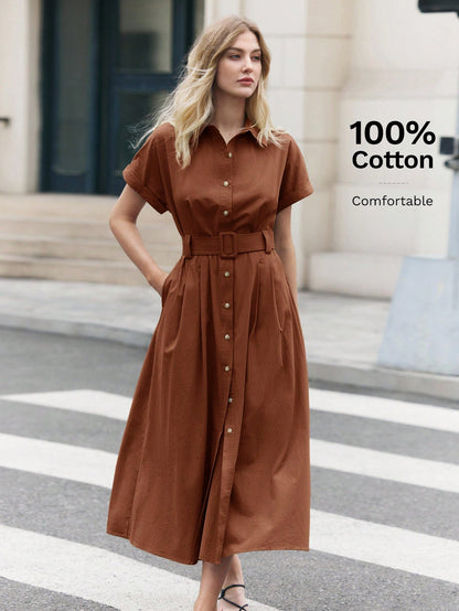 BizChic Mid-Length Dress, Shirt Collar, Front Opening, Single-Breasted Buttons, Self-Fabric Adjustable Waist Belt, Short Sleeve, Elegant Minimalist Casual, Vacation, Party, Date, Wedding Guest, Indepe