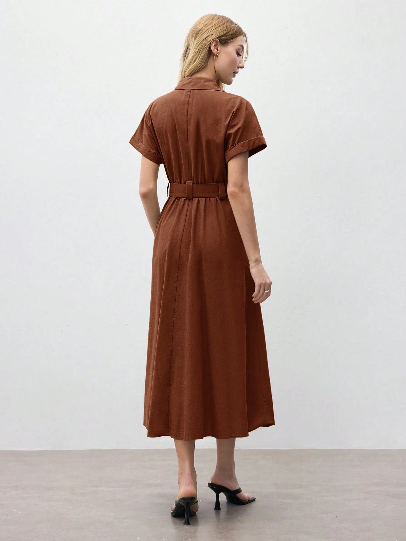 BizChic Mid-Length Dress, Shirt Collar, Front Opening, Single-Breasted Buttons, Self-Fabric Adjustable Waist Belt, Short Sleeve, Elegant Minimalist Casual, Vacation, Party, Date, Wedding Guest, Indepe