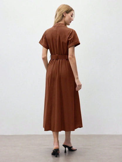 BizChic Mid-Length Dress, Shirt Collar, Front Opening, Single-Breasted Buttons, Self-Fabric Adjustable Waist Belt, Short Sleeve, Elegant Minimalist Casual, Vacation, Party, Date, Wedding Guest, Indepe