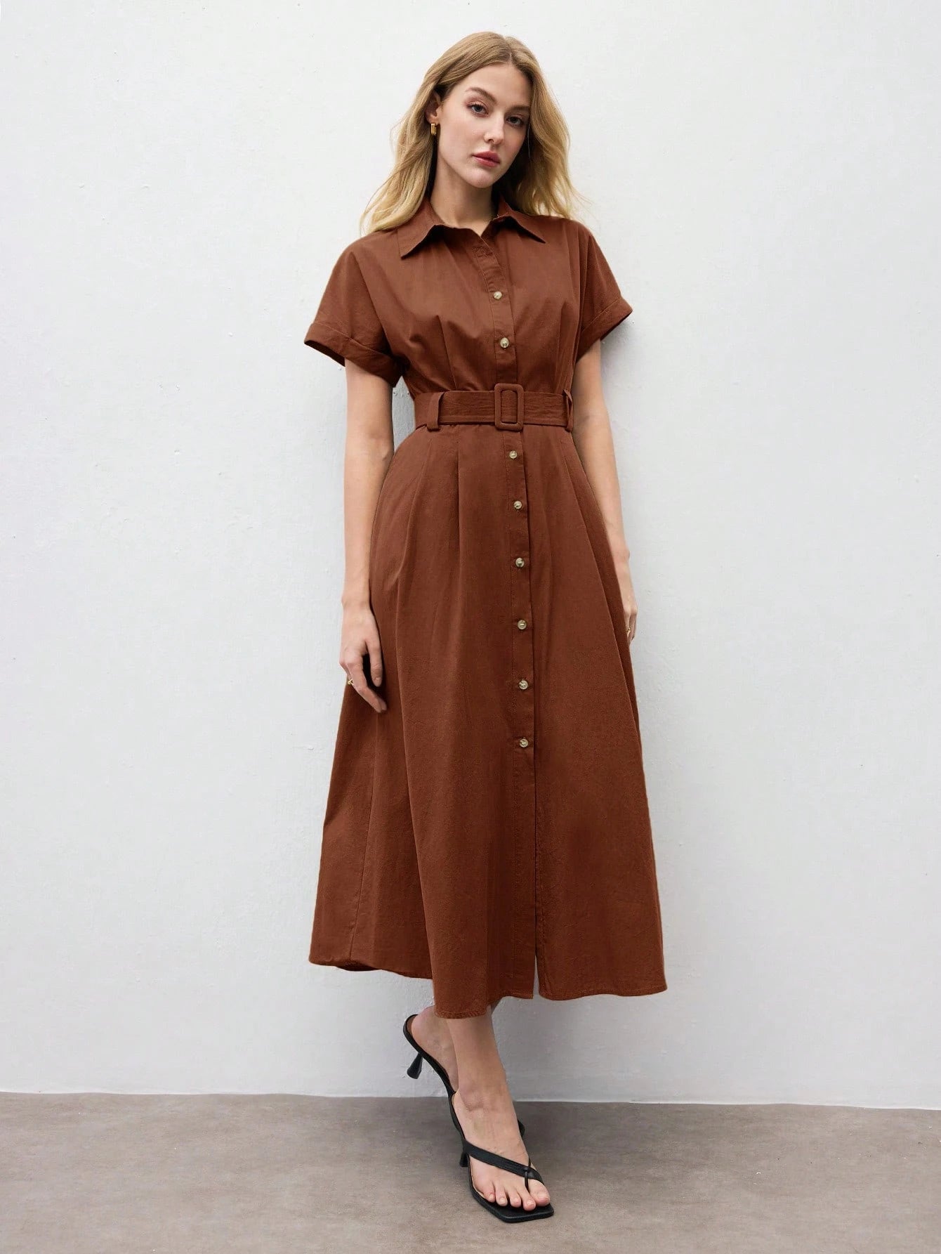 BizChic Mid-Length Dress, Shirt Collar, Front Opening, Single-Breasted Buttons, Self-Fabric Adjustable Waist Belt, Short Sleeve, Elegant Minimalist Casual, Vacation, Party, Date, Wedding Guest, Indepe