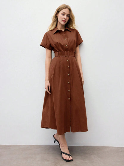 BizChic Mid-Length Dress, Shirt Collar, Front Opening, Single-Breasted Buttons, Self-Fabric Adjustable Waist Belt, Short Sleeve, Elegant Minimalist Casual, Vacation, Party, Date, Wedding Guest, Indepe