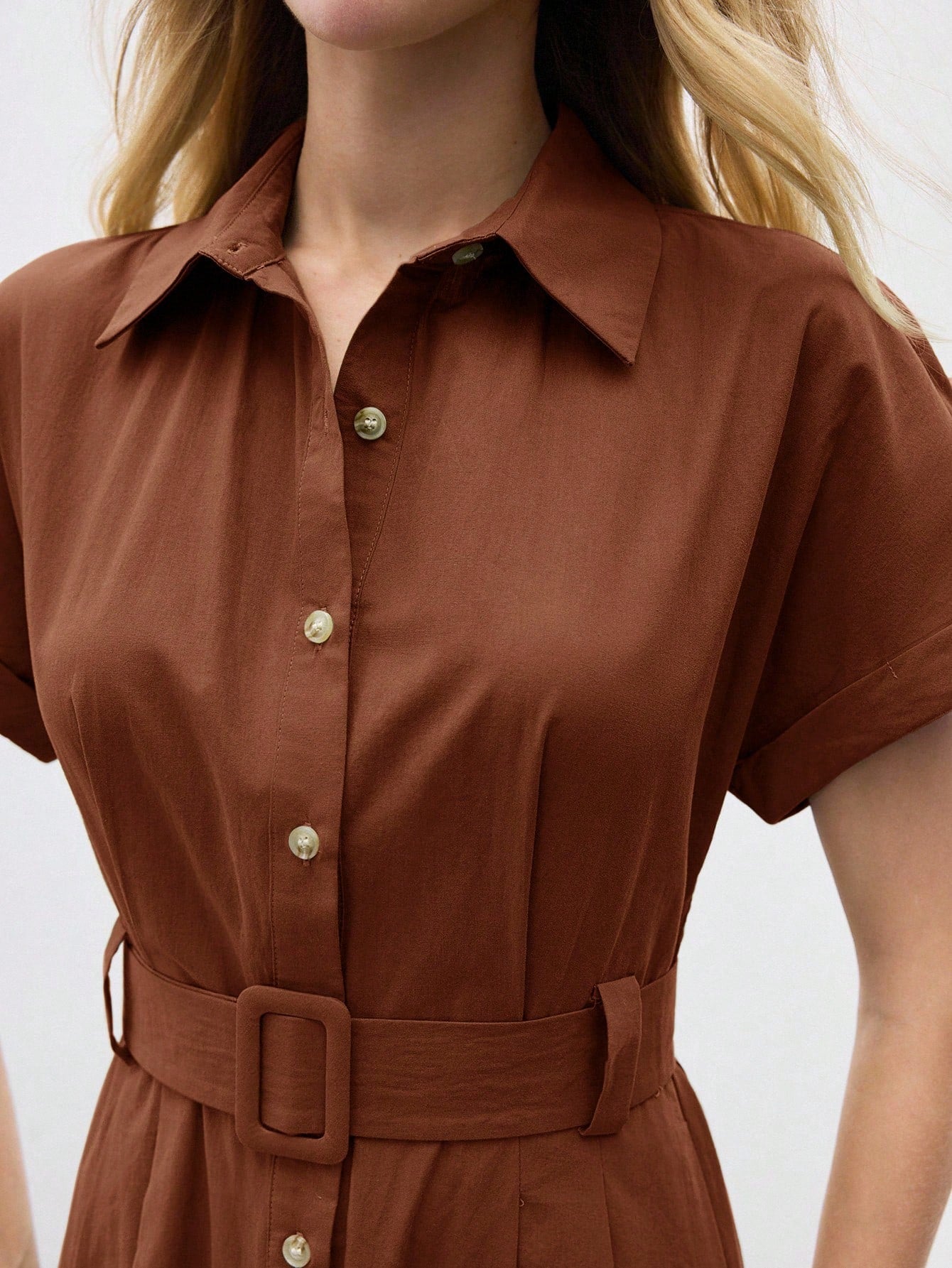 BizChic Mid-Length Dress, Shirt Collar, Front Opening, Single-Breasted Buttons, Self-Fabric Adjustable Waist Belt, Short Sleeve, Elegant Minimalist Casual, Vacation, Party, Date, Wedding Guest, Indepe