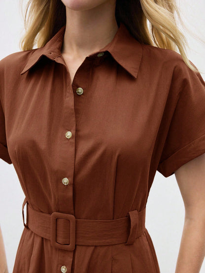 BizChic Mid-Length Dress, Shirt Collar, Front Opening, Single-Breasted Buttons, Self-Fabric Adjustable Waist Belt, Short Sleeve, Elegant Minimalist Casual, Vacation, Party, Date, Wedding Guest, Indepe